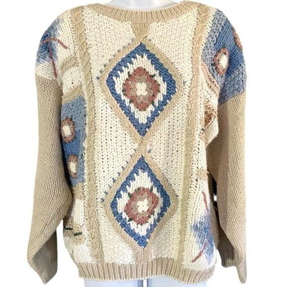 Vintage 90s Women’s Patchwork Fisherman Sweater Hand Knit M Boho Coastal Grandma - Picture 1 of 8